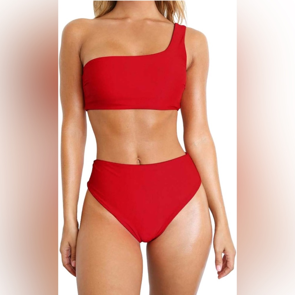 Women High Waisted One Shoulder Swimsuit 2pcs Bikini Set Bathing Suits